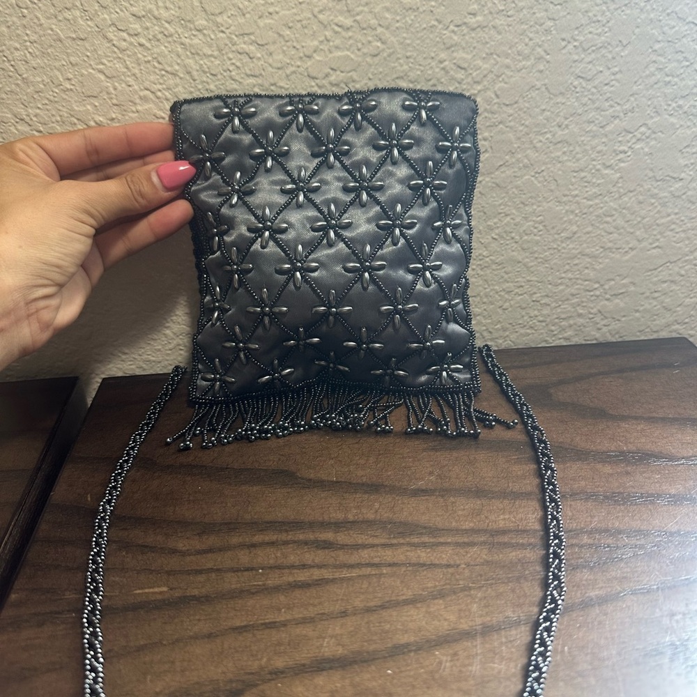 Beaded Vintage Grey Floral Quilted Crossbody Bag - Picture 1 of 6
